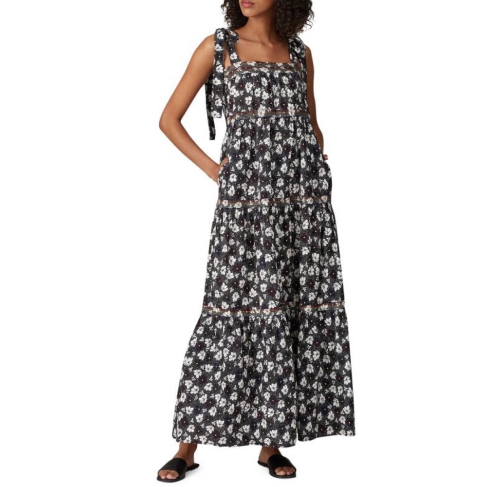 WARM Big Love Maxi Dress Black Multicolor Floral Tiered In Plumeria Print - Picture 4 of 12